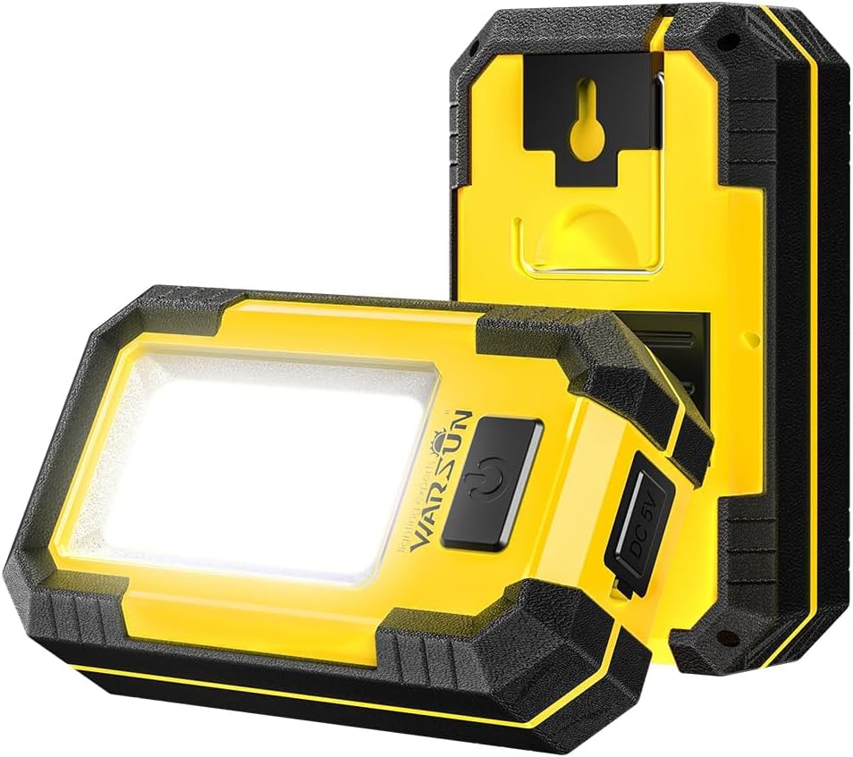 WARSUN 2 PC Portable LED Rechargeable Work Light,Magnetic Base & Hanging Hook, 30W 1200Lumens Super Bright, 5000K, for Car Repairing, Camping, Hiking, Backpacking, Fishing, Hurricane, Yellow