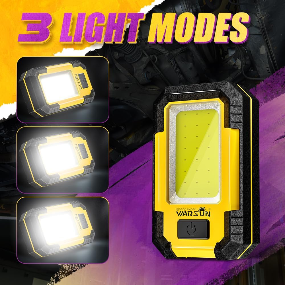 WARSUN 2 PC Portable LED Rechargeable Work Light,Magnetic Base & Hanging Hook, 30W 1200Lumens Super Bright, 5000K, for Car Repairing, Camping, Hiking, Backpacking, Fishing, Hurricane, Yellow