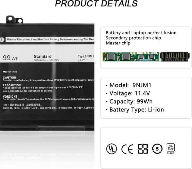 11.4V 99Wh 9NJM1 Laptop Battery for Dell Alien Ware 17 R4 R5 15 R3 R4 P31E001 P31E002 P69F001 P69F002 ALW17C-D1738 D1748 D1758 D1848 D2738 D2748 D2758 R1748 Notebook 0546FF 44T2R HF250 MG2YH 01D82