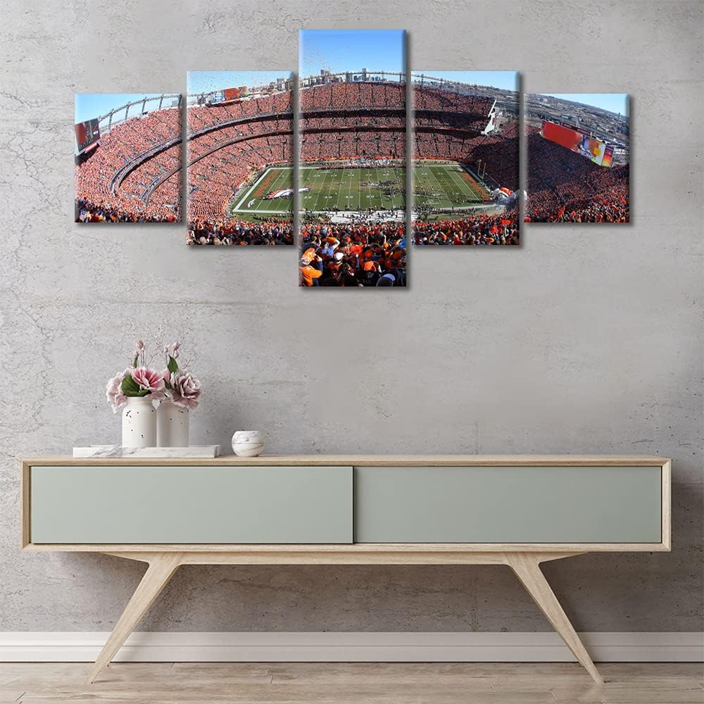 5 Panel Denver Canvas Wall Art American Soccer Prints Sports Artwork Wall Decor Home Picture for Bedroom Living Room Broncos Stadium Paintings Posters Framed Ready to Hang, 50