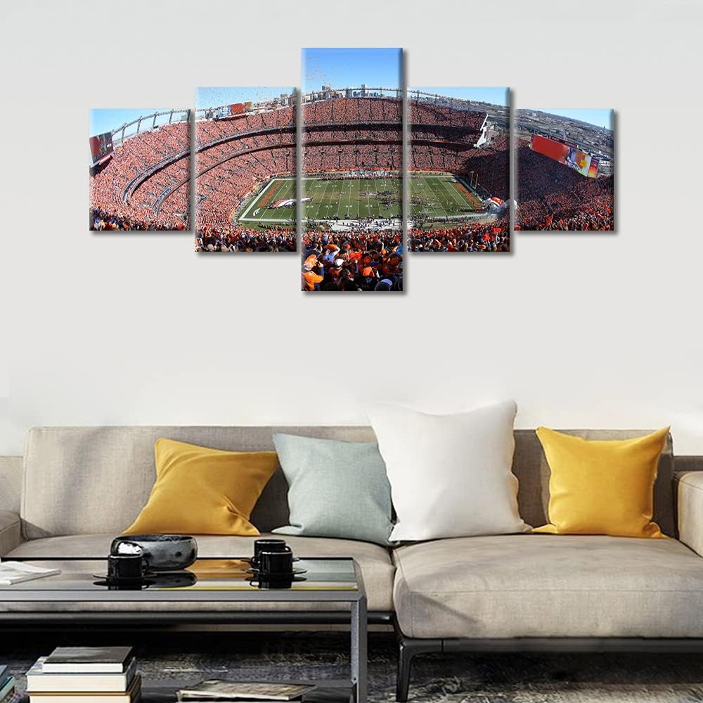 5 Panel Denver Canvas Wall Art American Soccer Prints Sports Artwork Wall Decor Home Picture for Bedroom Living Room Broncos Stadium Paintings Posters Framed Ready to Hang, 50