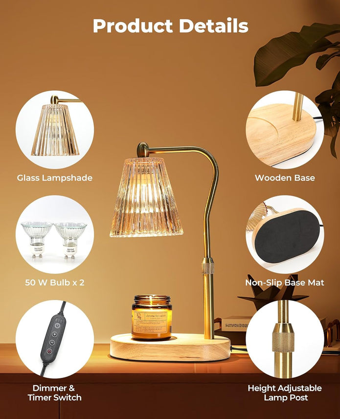 Candle Warmer Lamp, Candle Warmer with Timer and Dimmer, Adjustable Height Electric Candles Lamp with 2 Bulbs for Scented Jar, Wax Melter Lamp