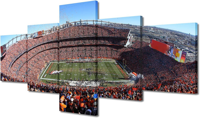 5 Panel Denver Canvas Wall Art American Soccer Prints Sports Artwork Wall Decor Home Picture for Bedroom Living Room Broncos Stadium Paintings Posters Framed Ready to Hang, 50" Wx24 H
