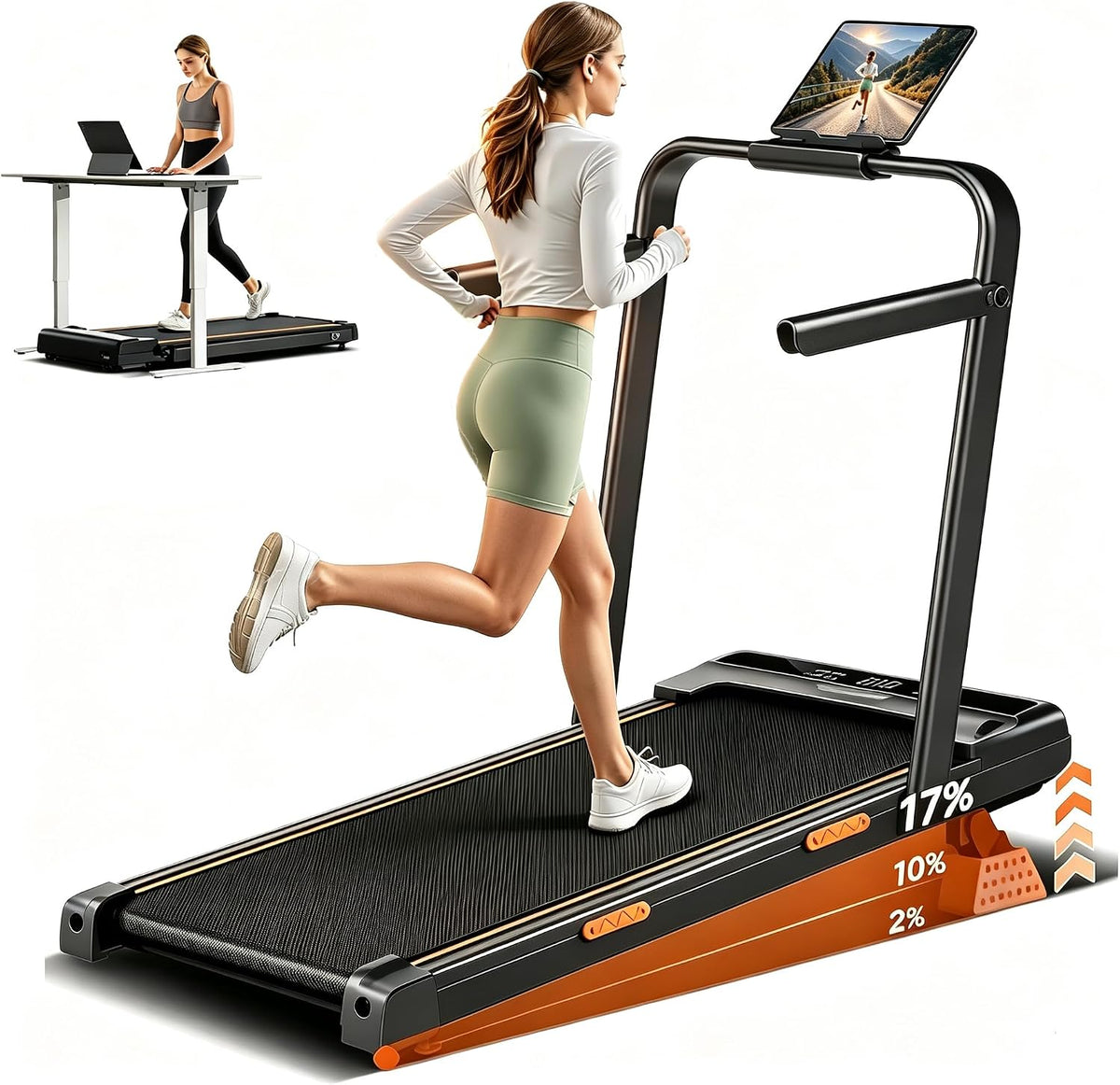 Walking Pad Treadmill with 17% Manual Incline, Quiet Under Desk Treadmills for Home & Office, Compact Foldable Treadmill with Handles and 3.0HP Brushless