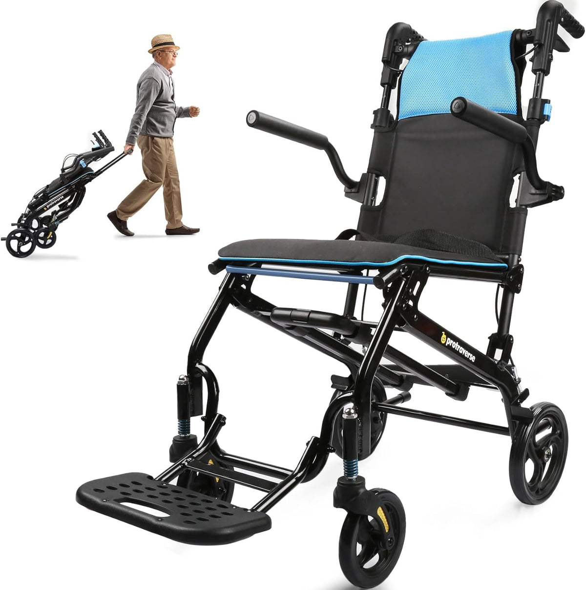 Wheelchairs for Adults,Utral-Lightweight(only 19.4lbs) Transport Chair, Foldable and PortableTravel Wheelchair with Telescopic Handle,Portable Folding Transfer Wheelchairs for Seniors,Blue