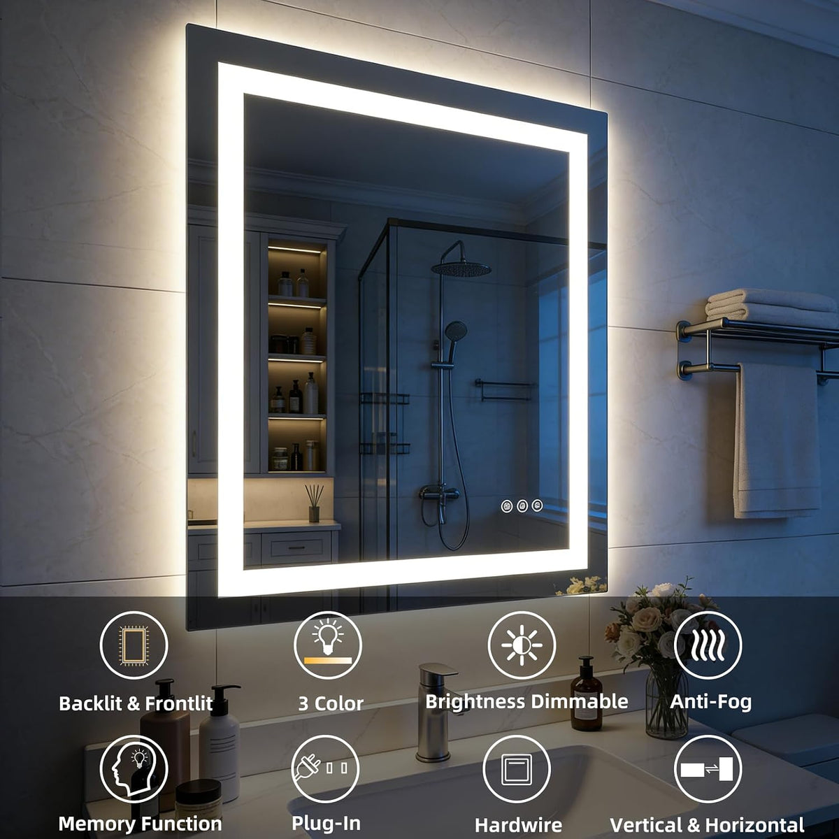 28x36 LED Bathroom Vanity Mirror with Lights Lighted Vanity Mirror for Wall, Anti-Fog