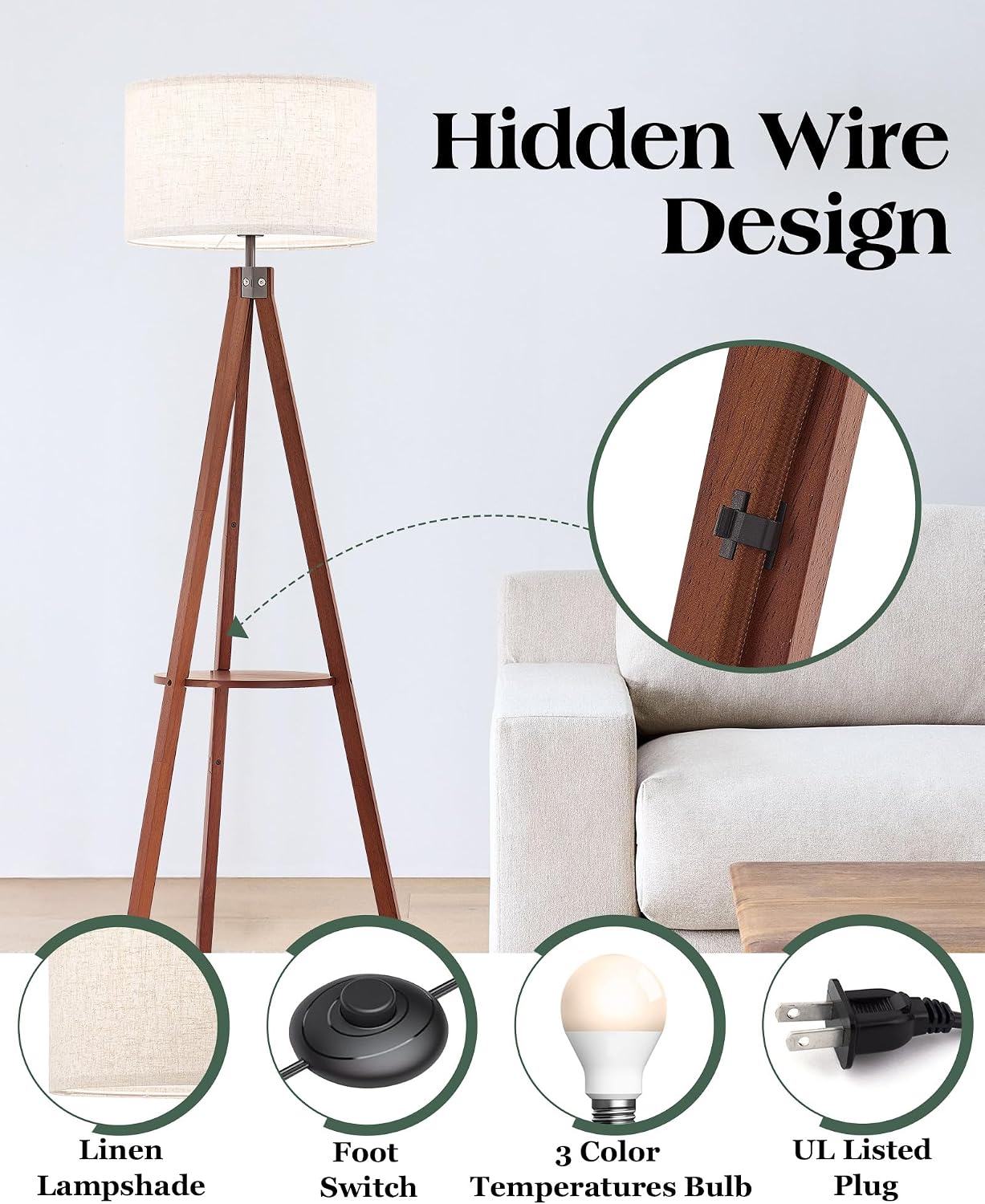 ELYONA Tripod Floor Lamp with Shelves, 3 Color Temperatures LED Modern Wood Table Reading Standing Light, Wooden Shelf Floor Lamp for Farmhouse Living Room Bedroom Office Nature Linen Shade,Brown