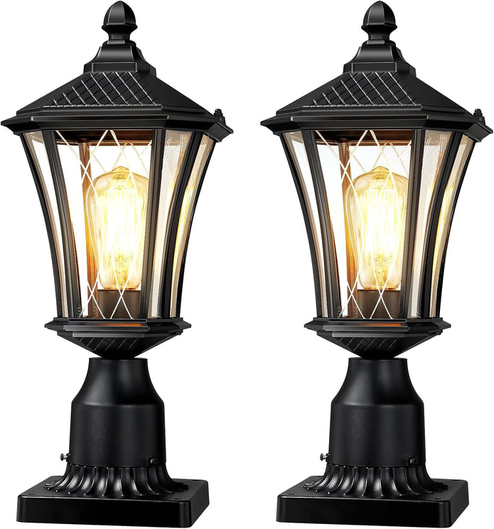 YSN 16" Outdoor Post Lights 2 Pack, Outdoor Lamp Post Light Fixture, Black Post Lamps Outdoor with Pier Mount Base, Waterproof Lamp Posts Outdoor Lighting, Light Posts
