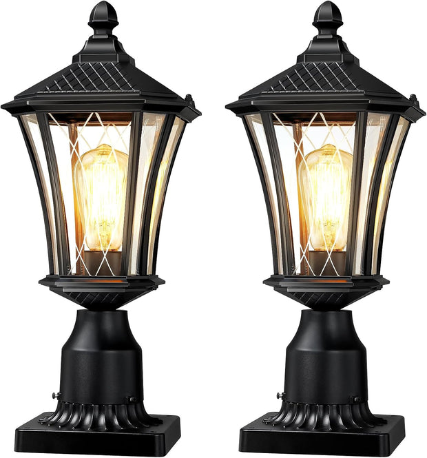 YSN 16" Outdoor Post Lights 2 Pack, Outdoor Lamp Post Light Fixture, Black Post Lamps Outdoor with Pier Mount Base, Waterproof Lamp Posts Outdoor Lighting, Light Posts