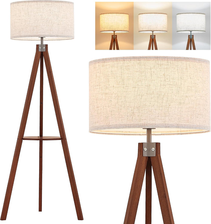 ELYONA Tripod Floor Lamp with Shelves, 3 Color Temperatures LED Modern Wood Table Reading Standing Light, Wooden Shelf Floor Lamp for Farmhouse Living Room Bedroom Office Nature Linen Shade,Brown