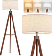 ELYONA Tripod Floor Lamp with Shelves, 3 Color Temperatures LED Modern Wood Table Reading Standing Light, Wooden Shelf Floor Lamp for Farmhouse Living Room Bedroom Office Nature Linen Shade,Brown