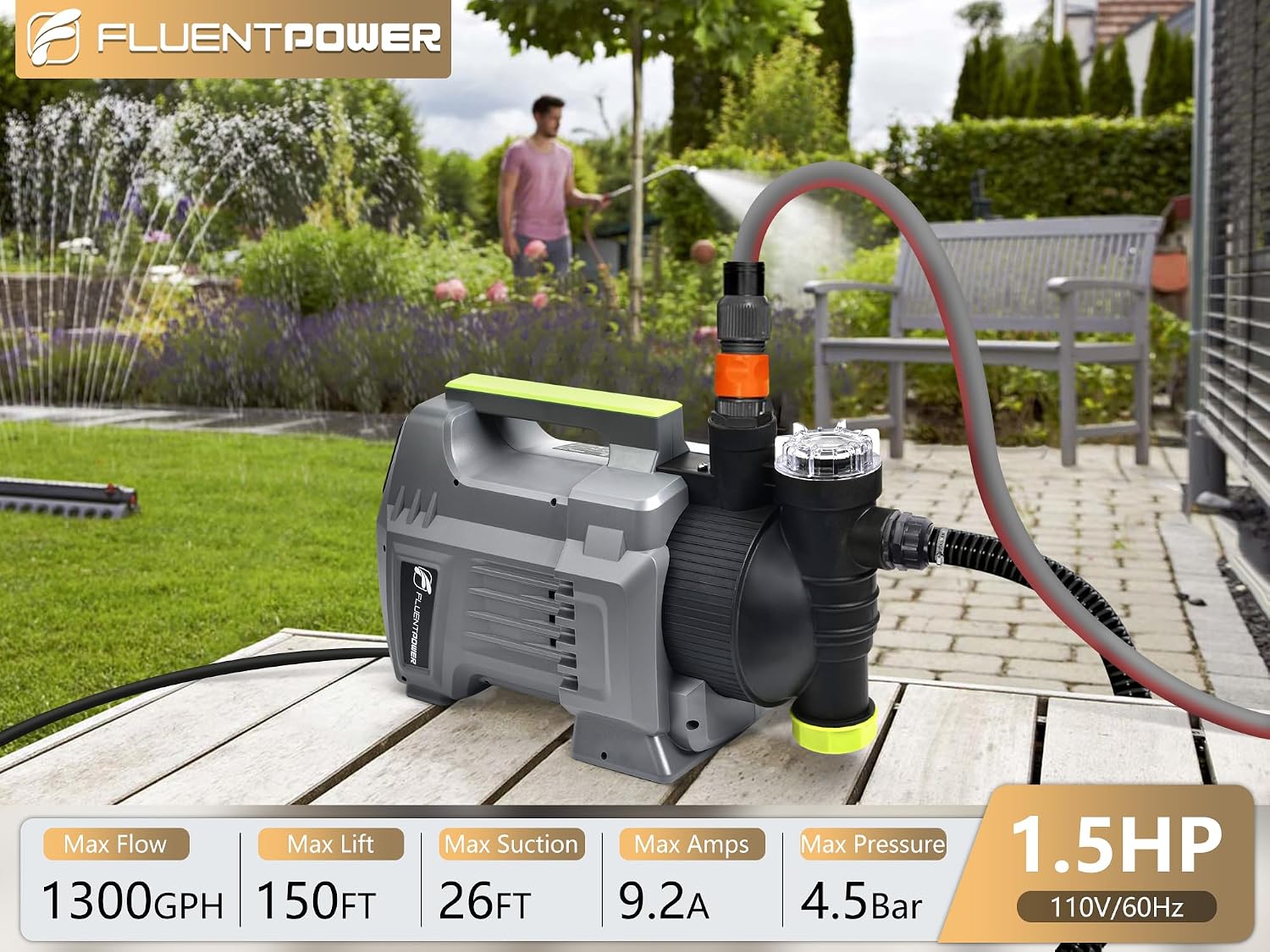 USED FLUENTPOWER 1.5HP Automatic Garden Booster Pump with Integrated Prefilter, 1300GPH, Lift 150FT, Portable Shallow Well Jet Pump, Water Transfer Draining Pump for Home Garden Lawn Sprinkler Irrigation