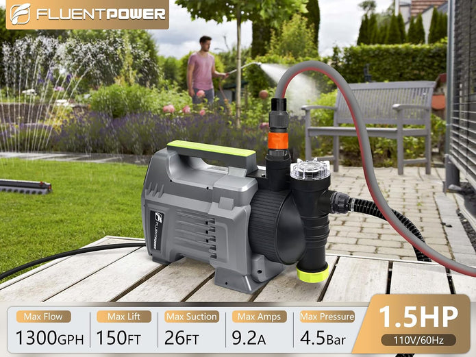 USED FLUENTPOWER 1.5HP Automatic Garden Booster Pump with Integrated Prefilter, 1300GPH, Lift 150FT, Portable Shallow Well Jet Pump, Water Transfer Draining Pump for Home Garden Lawn Sprinkler Irrigation
