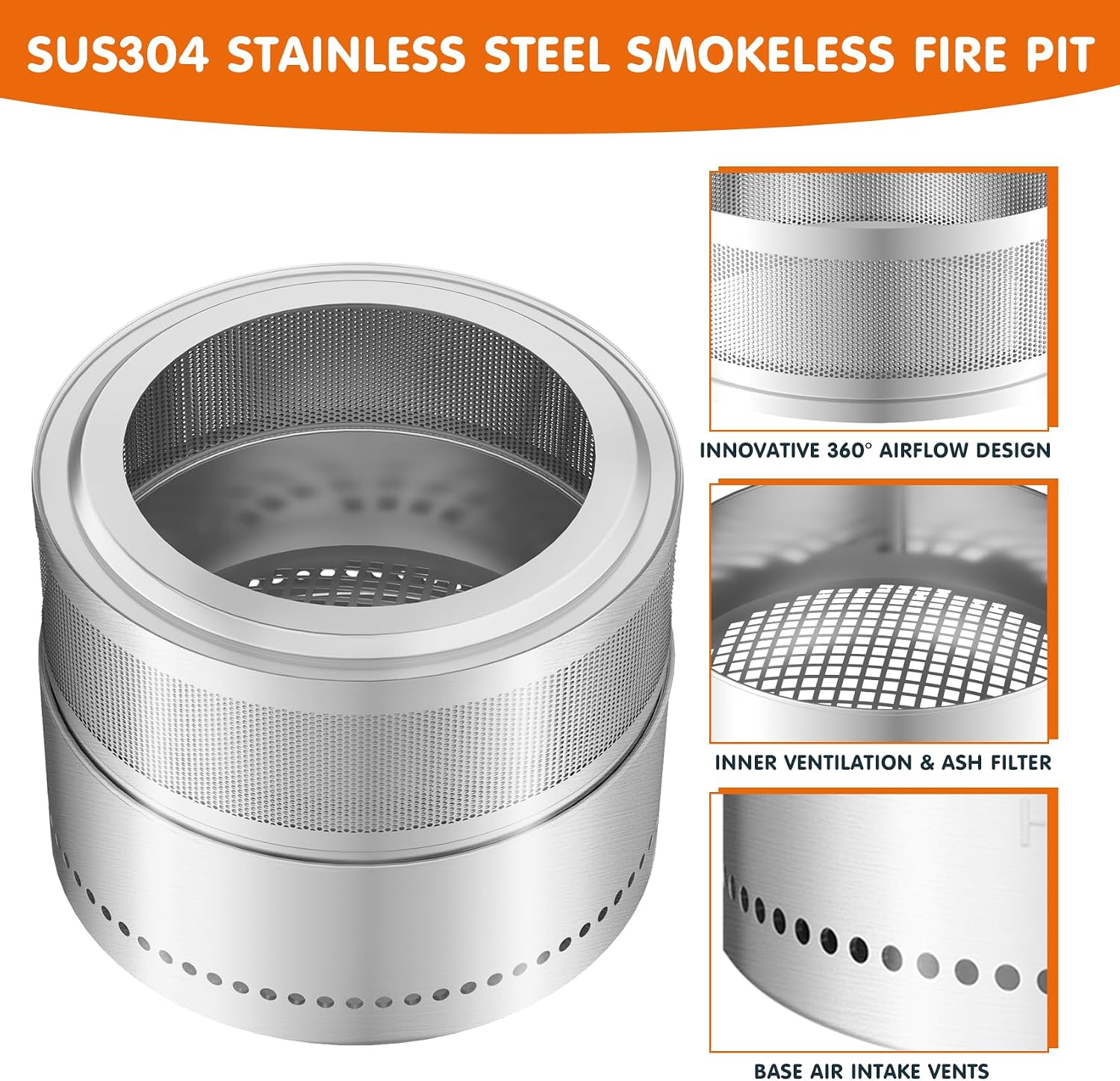 Smokeless Fire Pit - 20” Stainless Steel Wood Burning Fireplaces for Camping, Tailgating, Patio, Backyard, Party - Portable Outdoor 360°Air Flow Camping Stove with Carrying Bag