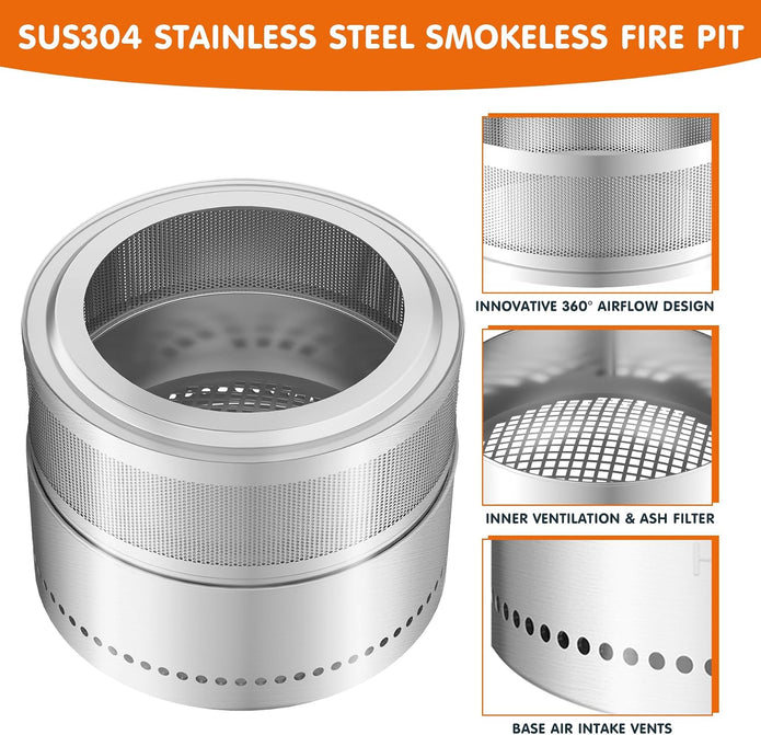 Smokeless Fire Pit - 20” Stainless Steel Wood Burning Fireplaces for Camping, Tailgating, Patio, Backyard, Party - Portable Outdoor 360°Air Flow Camping Stove with Carrying Bag