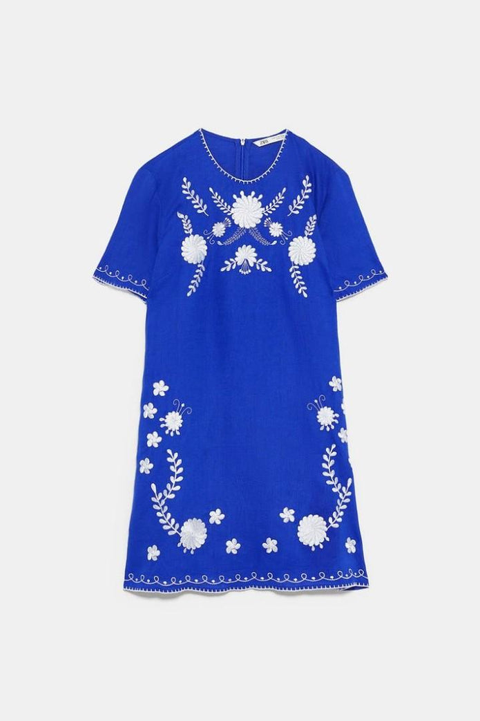 Zara Linen Embroidered Dress XS