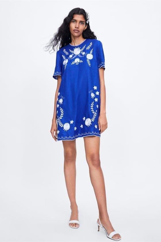 Zara Linen Embroidered Dress XS