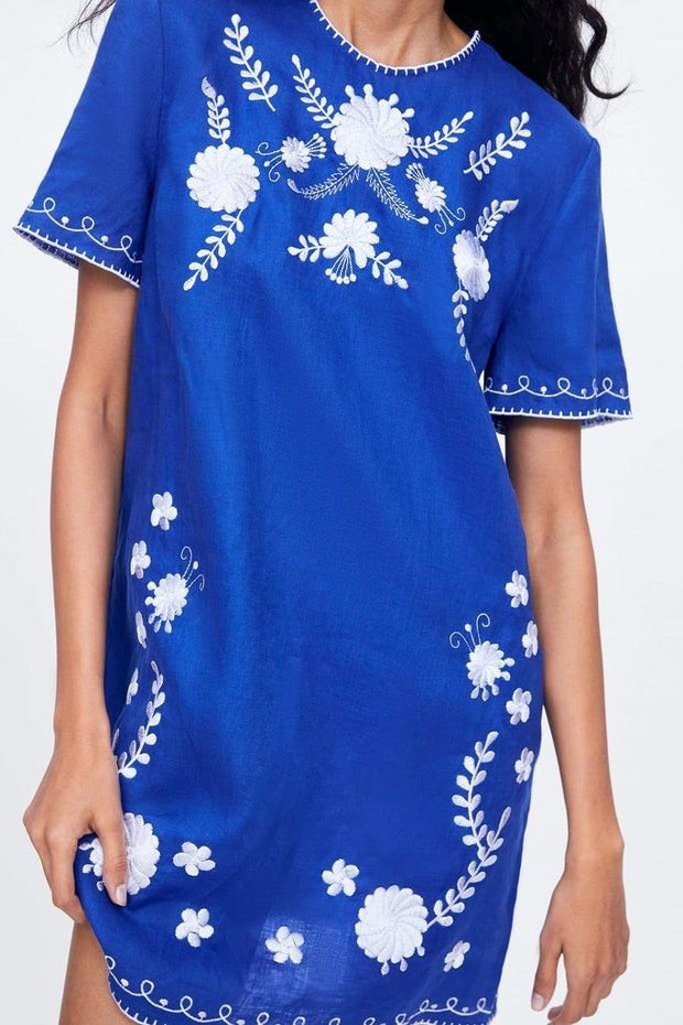 Zara Linen Embroidered Dress XS
