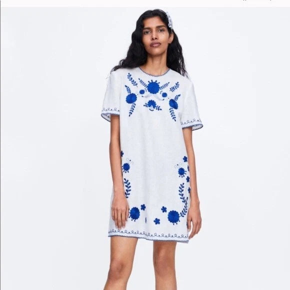 Zara Linen Embroidered Dress XS