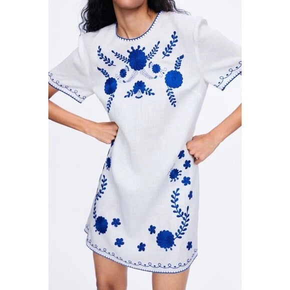 Zara Linen Embroidered Dress XS