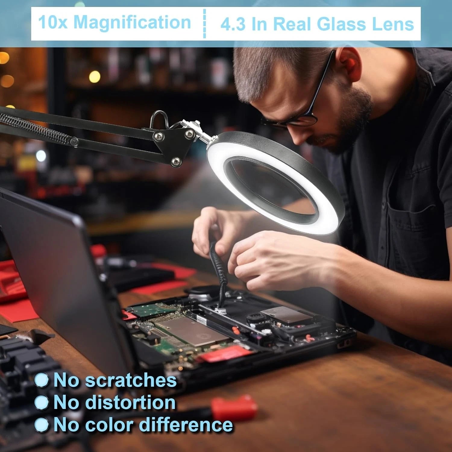 10x Magnifying Glass with Light and Stand, 3 Color Modes, 10 Square, Black