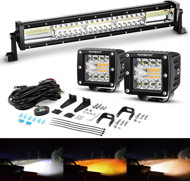 Auxbeam 22Inch 120W LED Light Bar & 2PCS 3 '' 96W LED Pods, 6 Modes Series