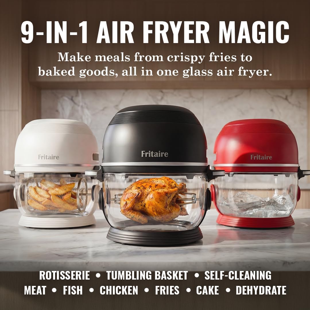 Non-Toxic Air Fryer - Glass AirFryer 5 Quart w/ 360 Visibility, Self-Cleaning, 400F Vortex Air Fryer for Even Cooking, BPA-Free Teflon Free, 9-in-1 Functions, Rotisserie, Roast, Bake (Black)