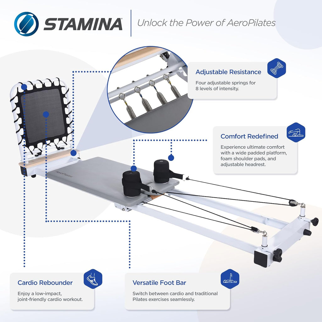 Stamina AeroPilates Precision Series Cushioned Cardio Reformer Resistance Band Foldable Wheeled Pilates Workout Board / 55-5535