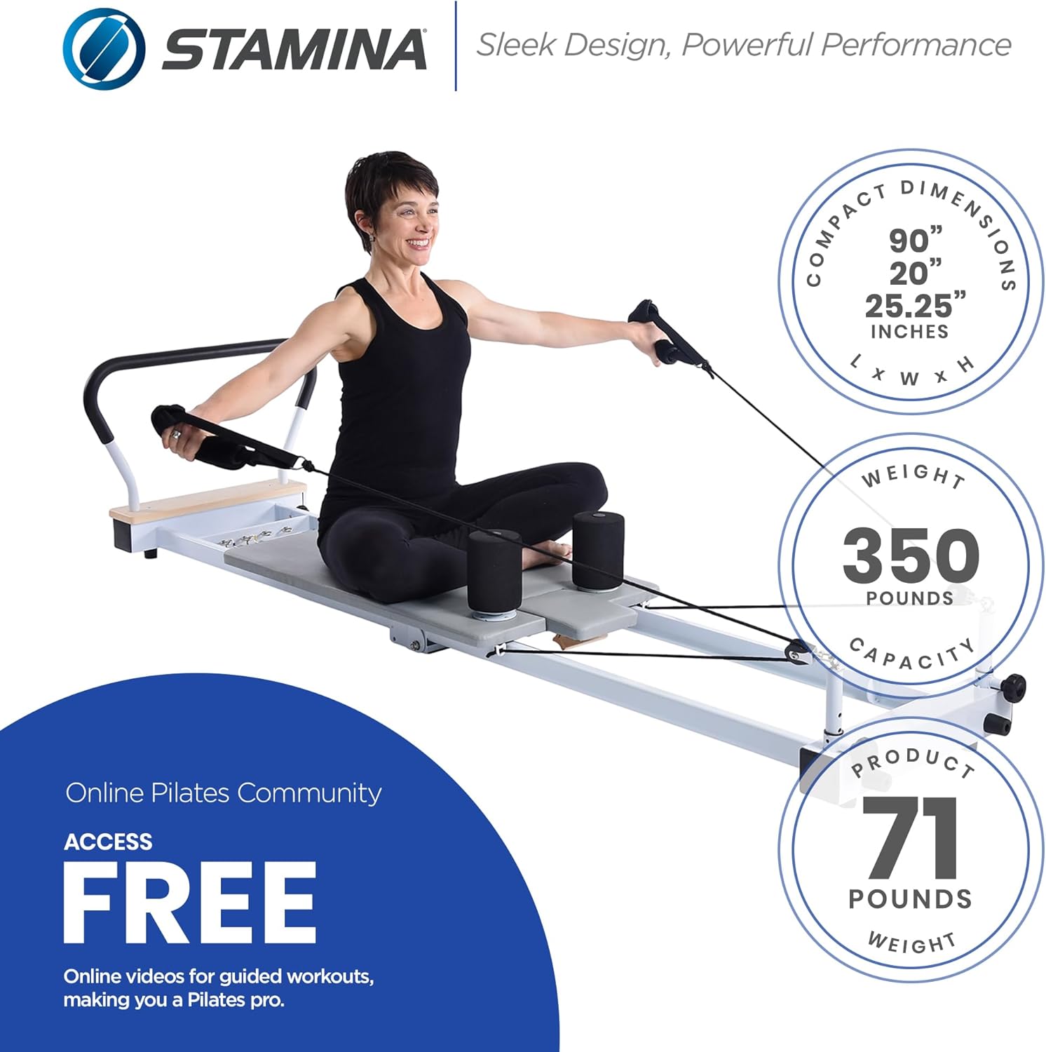 Stamina AeroPilates Precision Series Cushioned Cardio Reformer Resistance Band Foldable Wheeled Pilates Workout Board / 55-5535