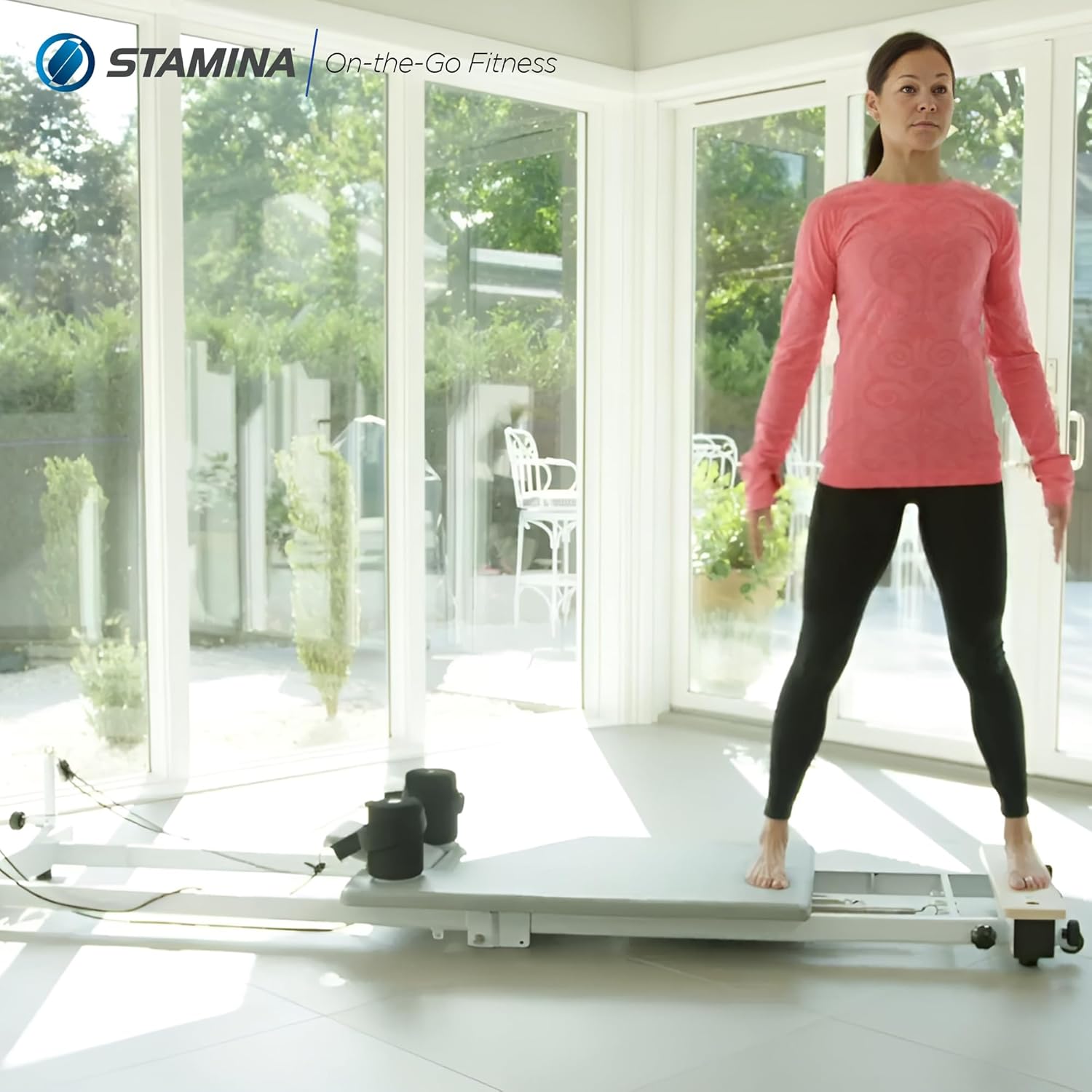 Stamina AeroPilates Precision Series Cushioned Cardio Reformer Resistance Band Foldable Wheeled Pilates Workout Board / 55-5535