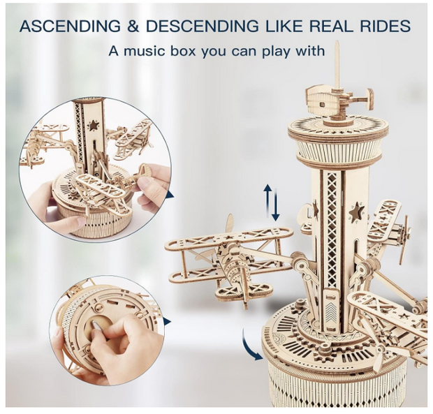 ROKR 3D Wooden Puzzle Airplane Tower Music Box - DIY Mechanical Biplane Toys Building Kit 10" AMK41