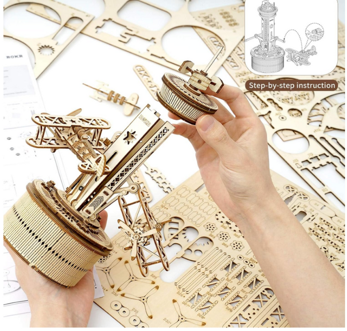 ROKR 3D Wooden Puzzle Airplane Tower Music Box - DIY Mechanical Biplane Toys Building Kit 10