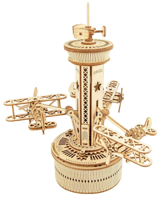 ROKR 3D Wooden Puzzle Airplane Tower Music Box - DIY Mechanical Biplane Toys Building Kit 10