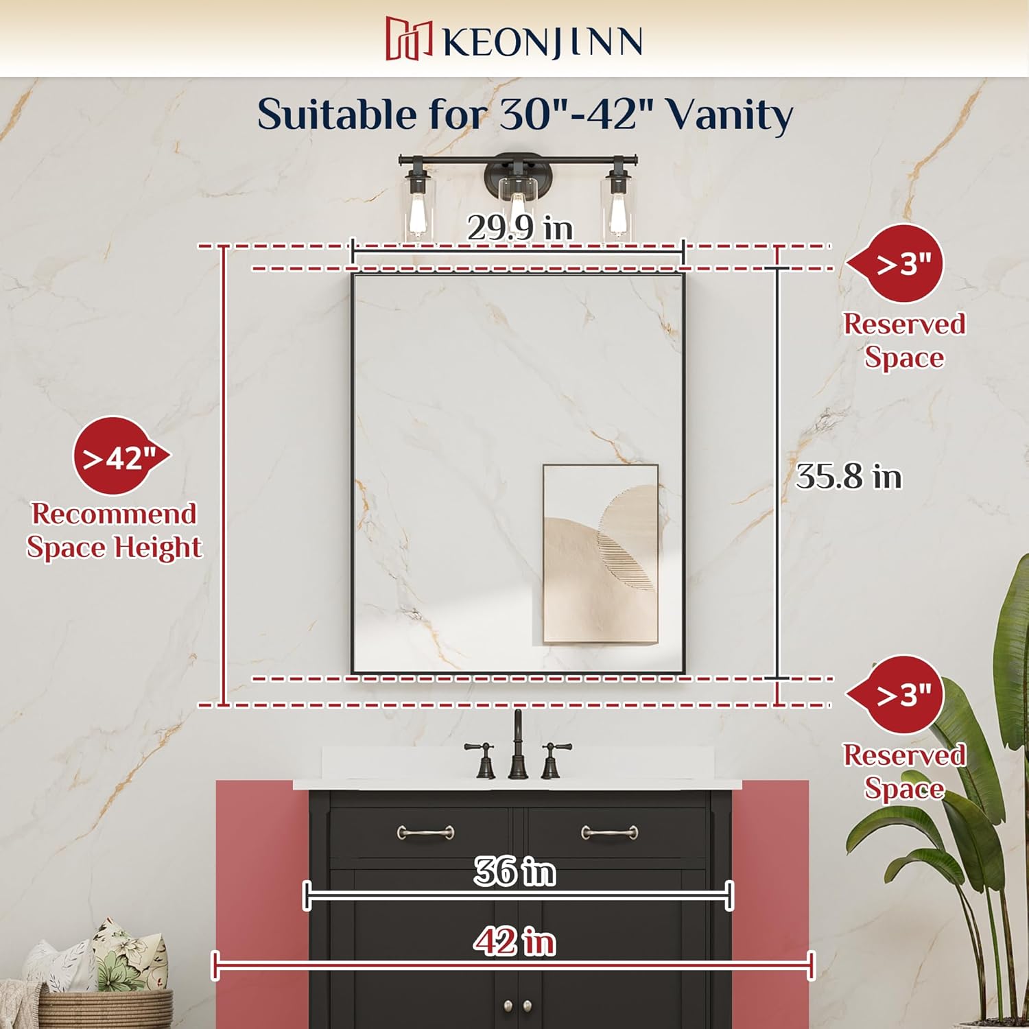 30 x 36 Inch Brushed Nickel Mirror for Bathroom Rectangle Square Corner Modern
