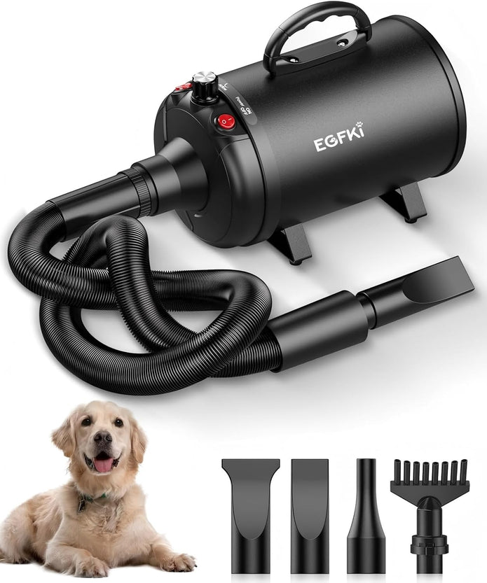 EGFKI Dog Dryer, 5.2HP/ 3800W Pet Grooming High Velocity Force Blower with 4 Nozzles, Adjustable Speed and Temperature Dog Hair Dryers for Grooming