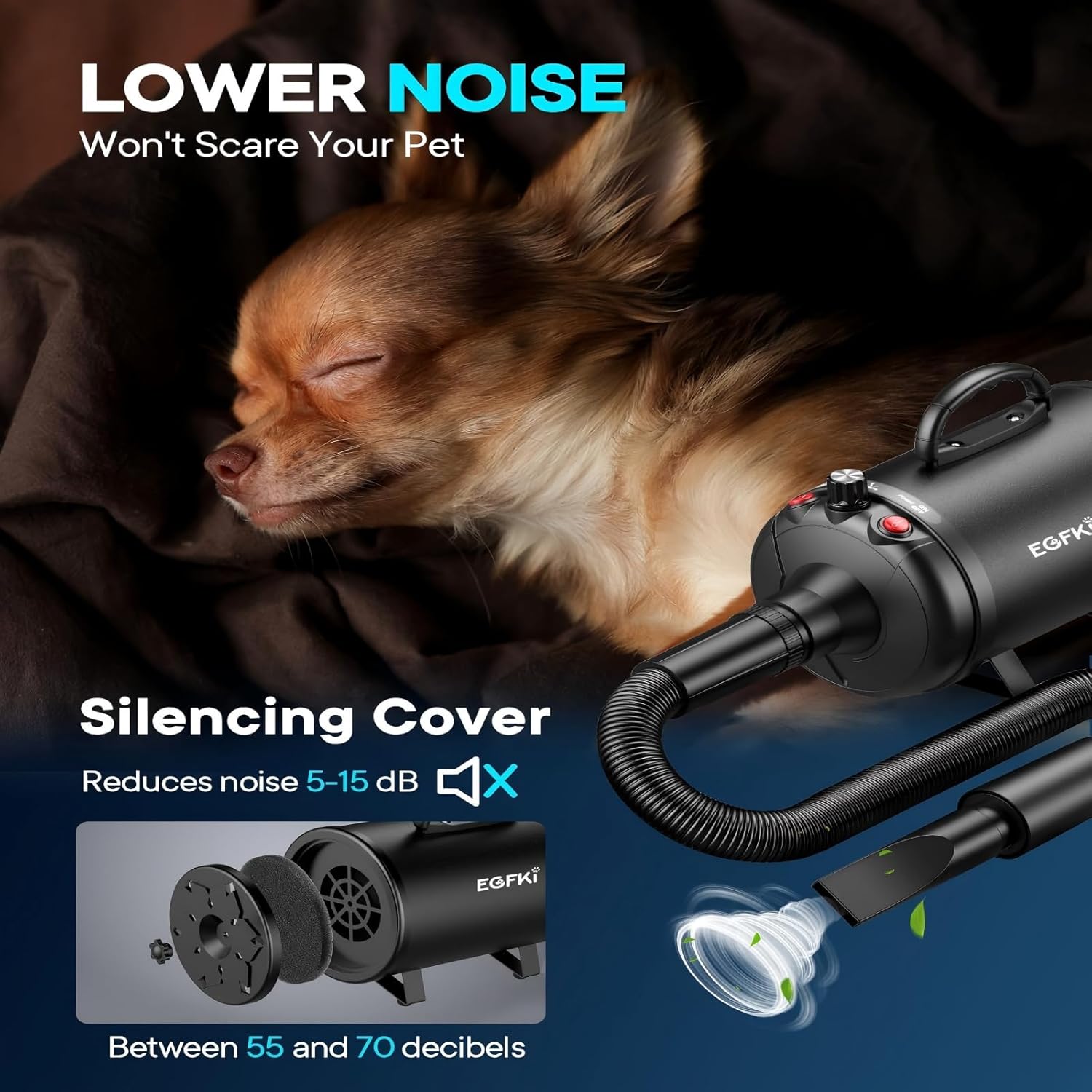 EGFKI Dog Dryer, 5.2HP/ 3800W Pet Grooming High Velocity Force Blower with 4 Nozzles, Adjustable Speed and Temperature Dog Hair Dryers for Grooming