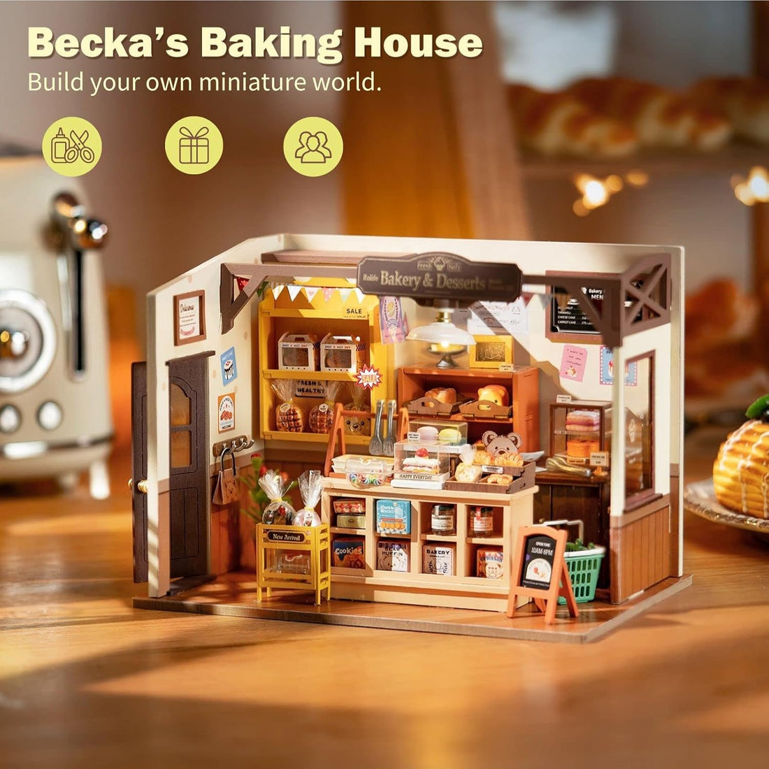 Rolife DIY Miniature Dollhouse Kit, Build Becka's Bakery Diorama House Building Set with LED DG161
