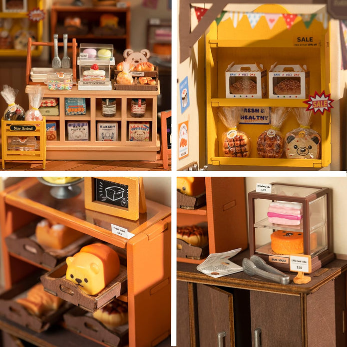 Rolife DIY Miniature Dollhouse Kit, Build Becka's Bakery Diorama House Building Set with LED DG161