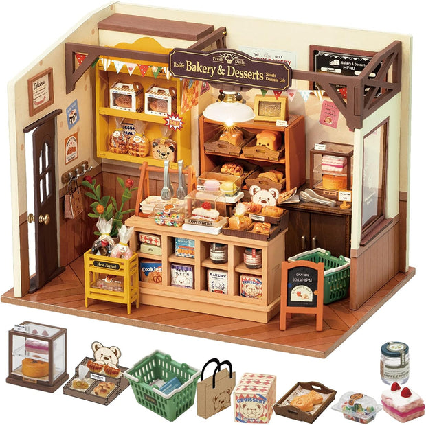 Rolife DIY Miniature Dollhouse Kit, Build Becka's Bakery Diorama House Building Set with LED DG161