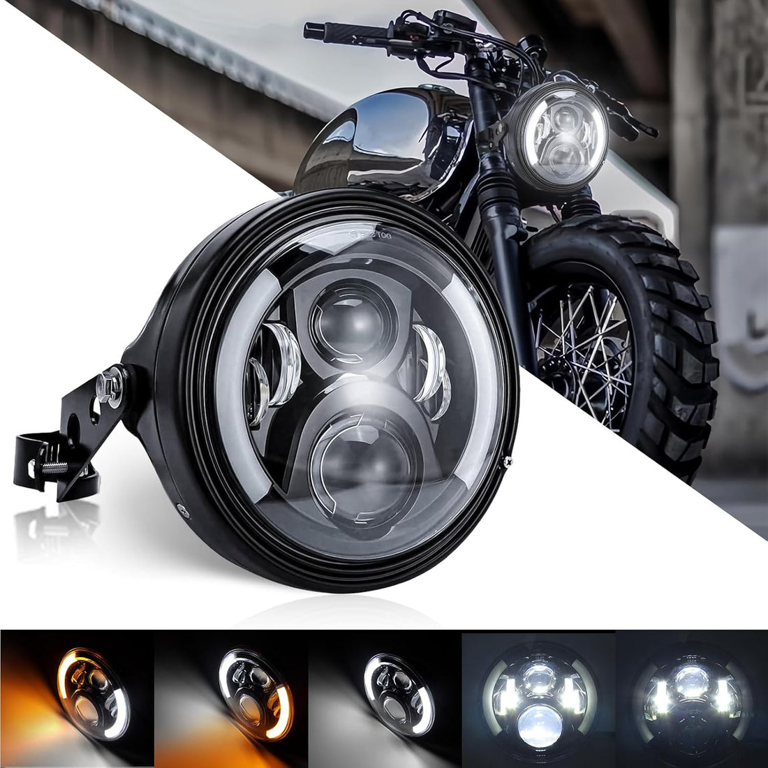 7 Inch Round LED Motorcycle Headlights DOT Approved with Housing Bucket Mounting Bracket Amber Turn Signal Lights compatible with Honda CB400 Hornet Suzuki Kawasaki Yamaha Cafe Racer
