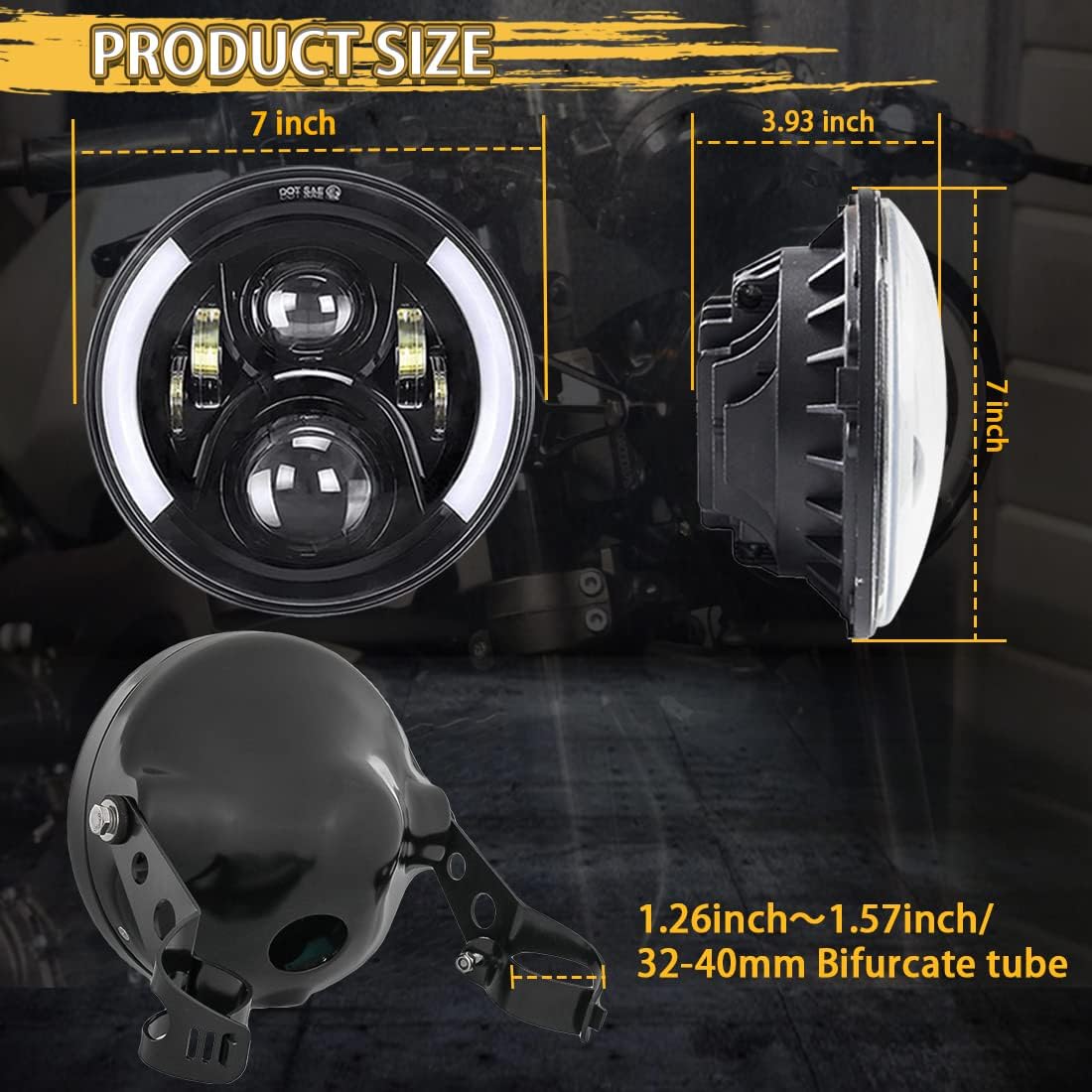 7 Inch Round LED Motorcycle Headlights DOT Approved with Housing Bucket Mounting Bracket Amber Turn Signal Lights compatible with Honda CB400 Hornet Suzuki Kawasaki Yamaha Cafe Racer