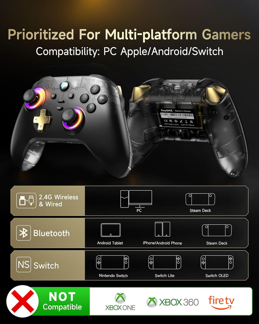 EasySMX D05 PC Controller - Enhanced Wireless Bluetooth Pro Controller with Charging Dock