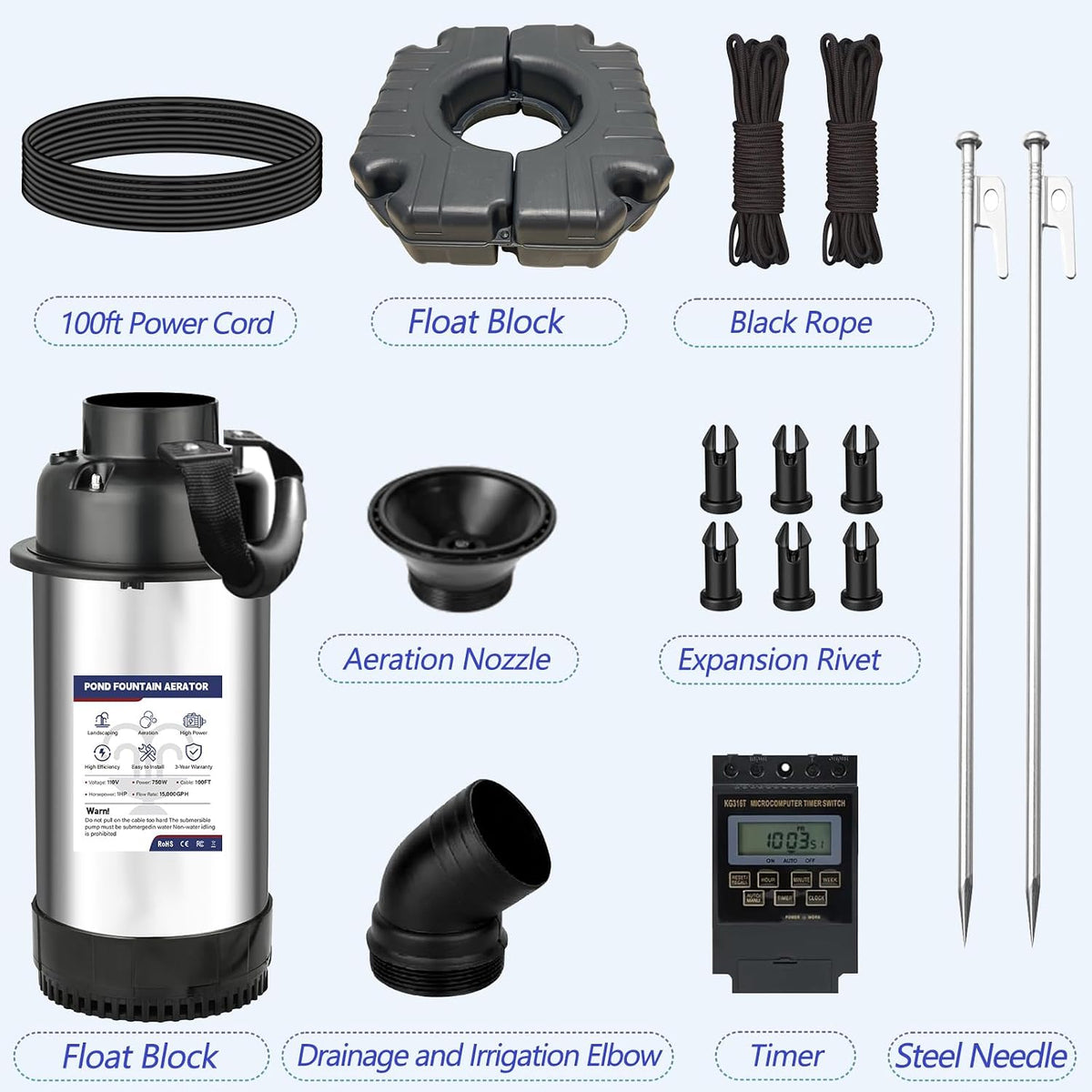Pond Fountain Aerator 750W -Pond Fountain -1HP 15000 GPH Floating Aerator Pump-100ft Power Cord-2×Metal Ground Stakes-33x2Ft Traction Rope -for Ponds and Lakes