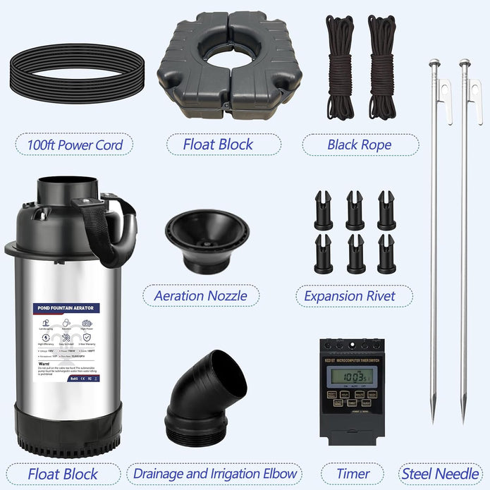 Pond Fountain Aerator 750W -Pond Fountain -1HP 15000 GPH Floating Aerator Pump-100ft Power Cord-2×Metal Ground Stakes-33x2Ft Traction Rope -for Ponds and Lakes