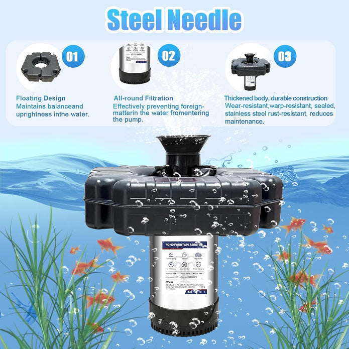 Pond Fountain Aerator 750W -Pond Fountain -1HP 15000 GPH Floating Aerator Pump-100ft Power Cord-2×Metal Ground Stakes-33x2Ft Traction Rope -for Ponds and Lakes