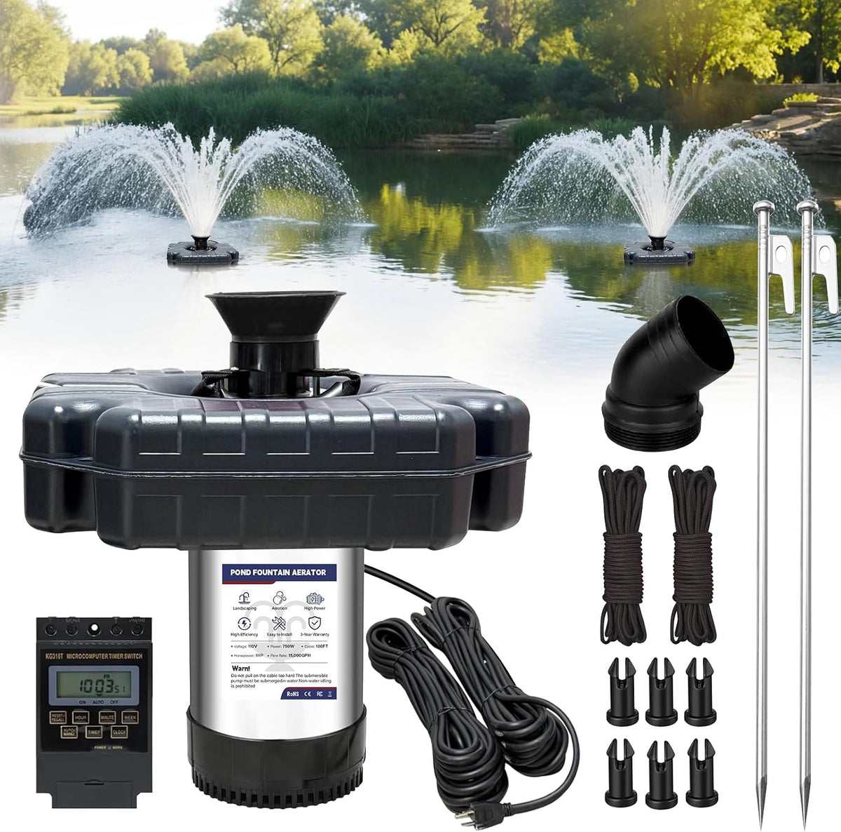 Pond Fountain Aerator 750W -Pond Fountain -1HP 15000 GPH Floating Aerator Pump-100ft Power Cord-2×Metal Ground Stakes-33x2Ft Traction Rope -for Ponds and Lakes