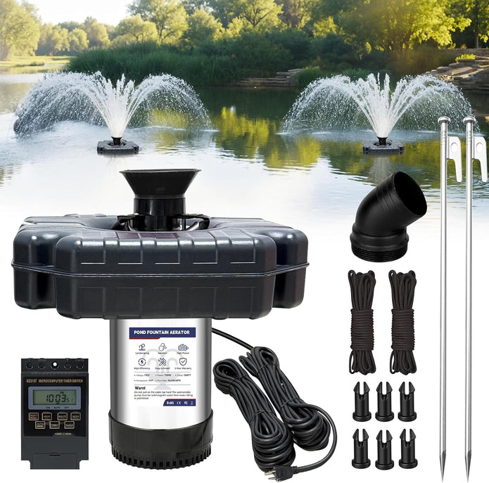Pond Fountain Aerator 750W -Pond Fountain -1HP 15000 GPH Floating Aerator Pump-100ft Power Cord-2×Metal Ground Stakes-33x2Ft Traction Rope -for Ponds and Lakes