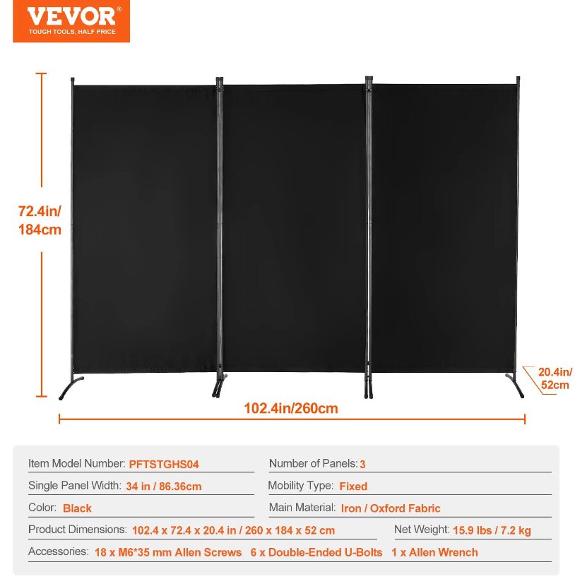 VEVOR Room Divider 3 Panels Fabric Room Privacy Screen for Office Bedroom Black