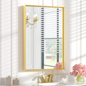 24 x 36 Inch Brushed Gold Mirror for Bathroom Rectangle Square Corner Modern Farmhouse Aluminum