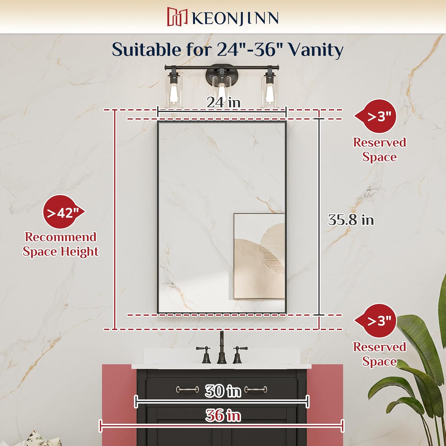 24 x 36 Inch Brushed Gold Mirror for Bathroom Rectangle Square Corner Modern Farmhouse Aluminum